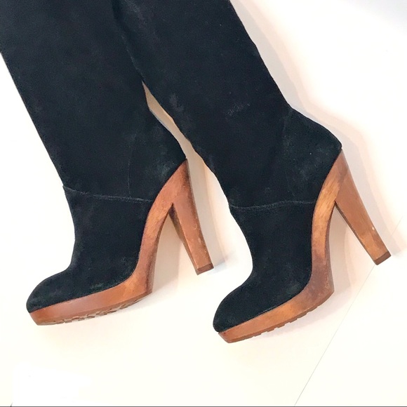 KORS Tall Black Suede Genuine Wood Platform Boots - Picture 14 of 15